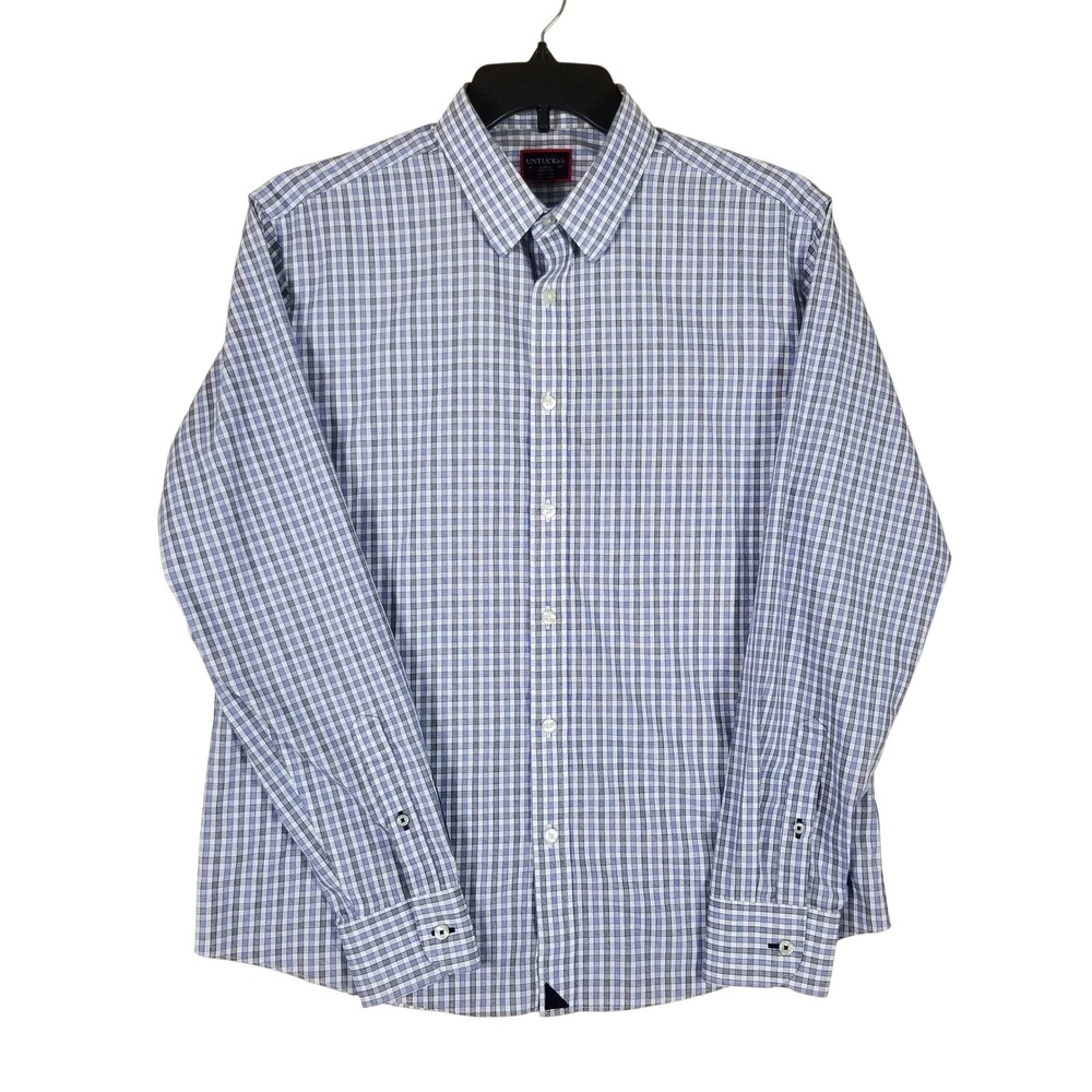 UNTUCKit Button Down Shirt Mens Large Blue White Check Wrinkle Free UT-14-1095WF